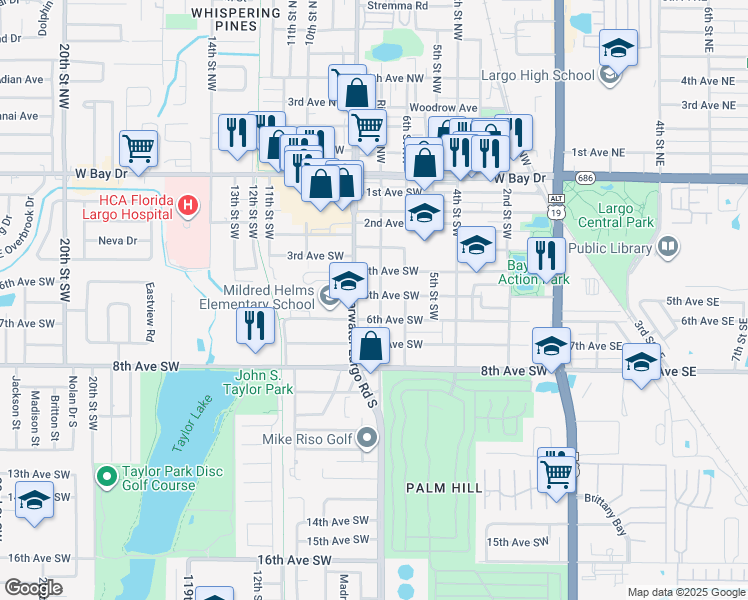 map of restaurants, bars, coffee shops, grocery stores, and more near 501 Ridge Road Southwest in Largo