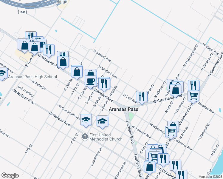 map of restaurants, bars, coffee shops, grocery stores, and more near 154 North 8th Street in Aransas Pass