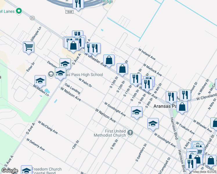 map of restaurants, bars, coffee shops, grocery stores, and more near 250 South 13th Street in Aransas Pass