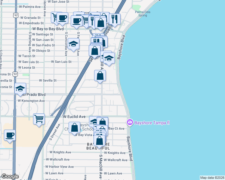 map of restaurants, bars, coffee shops, grocery stores, and more near 3420 South Carter Street in Tampa