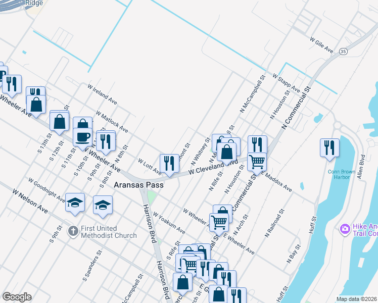 map of restaurants, bars, coffee shops, grocery stores, and more near 361 North Lamont Street in Aransas Pass