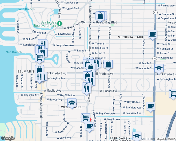 map of restaurants, bars, coffee shops, grocery stores, and more near 3423 South Manhattan Avenue in Tampa