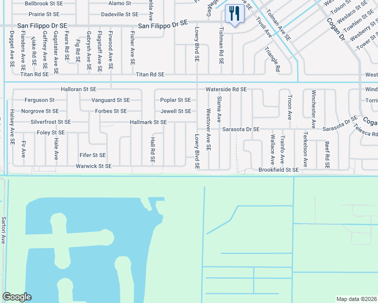 map of restaurants, bars, coffee shops, grocery stores, and more near 3267 Hainlin Avenue Southeast in Palm Bay