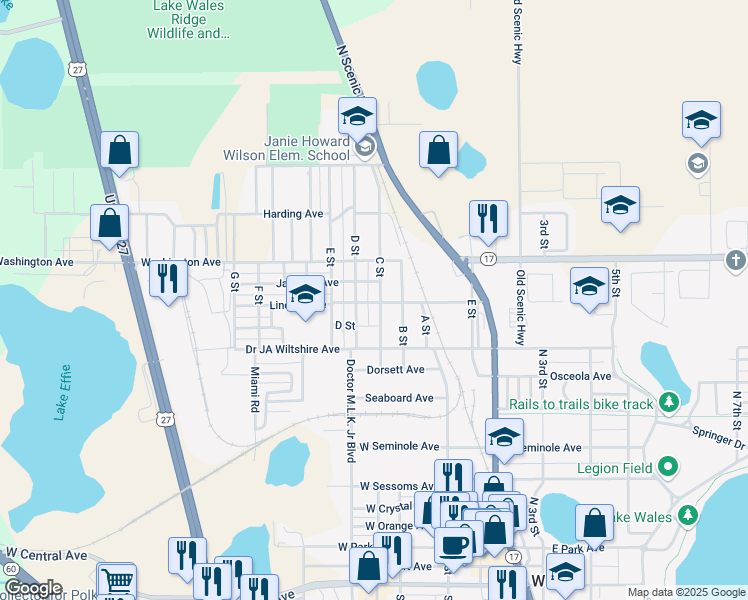 map of restaurants, bars, coffee shops, grocery stores, and more near 301 Lincoln Avenue in Lake Wales