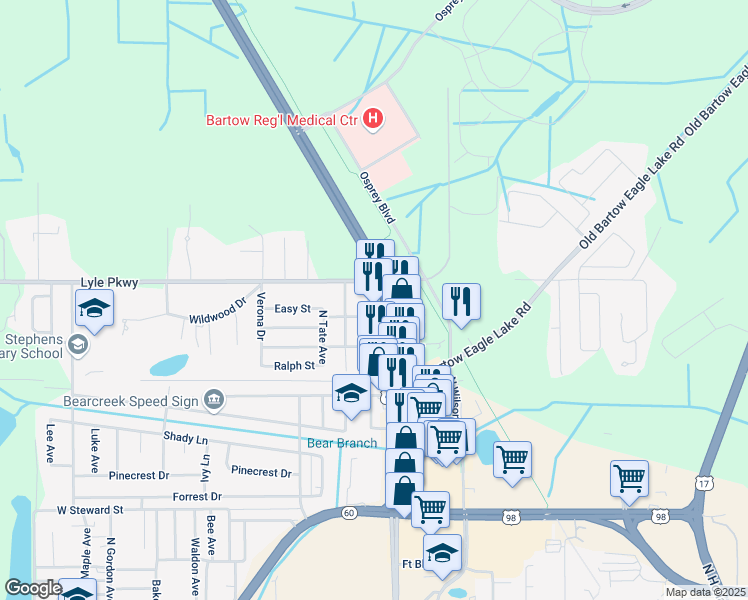 map of restaurants, bars, coffee shops, grocery stores, and more near 1757 North Broadway Avenue in Bartow