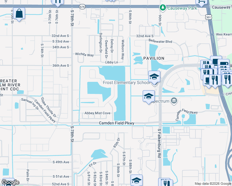 map of restaurants, bars, coffee shops, grocery stores, and more near 8323 Canterbury Lake Boulevard in Tampa
