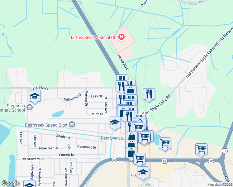 map of restaurants, bars, coffee shops, grocery stores, and more near 1757 North Broadway Avenue in Bartow