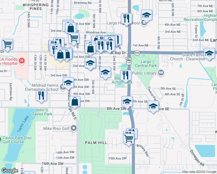 map of restaurants, bars, coffee shops, grocery stores, and more near 552 3rd Street Southwest in Largo
