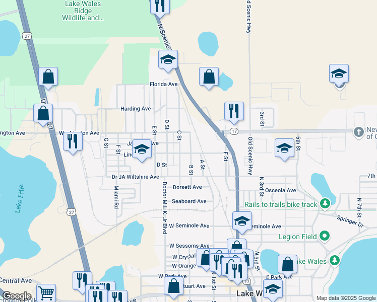 map of restaurants, bars, coffee shops, grocery stores, and more near 114 Lincoln Avenue in Lake Wales