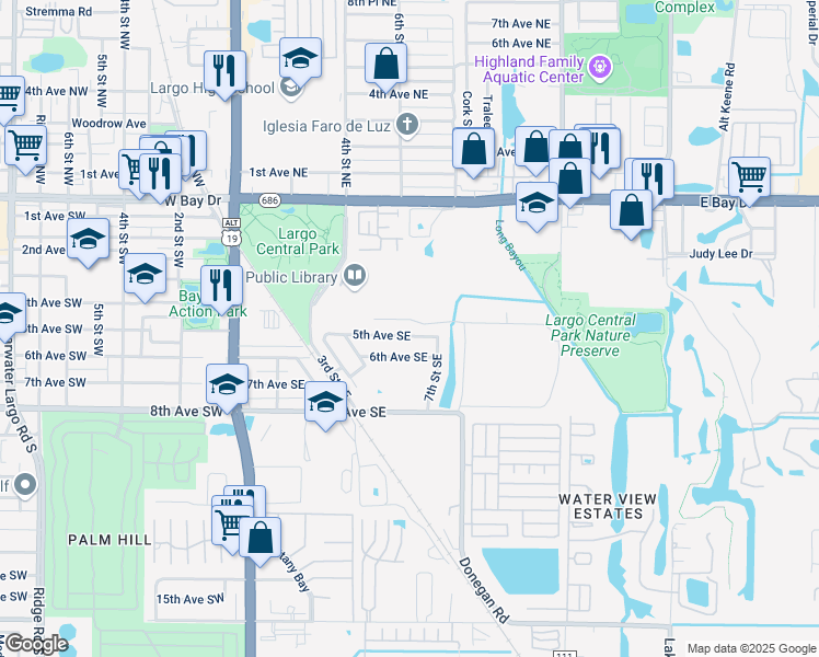 map of restaurants, bars, coffee shops, grocery stores, and more near 604 5th Avenue Southeast in Largo