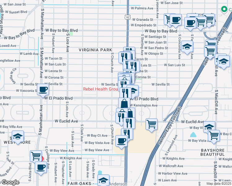 map of restaurants, bars, coffee shops, grocery stores, and more near 3816 West Vasconia Street in Tampa