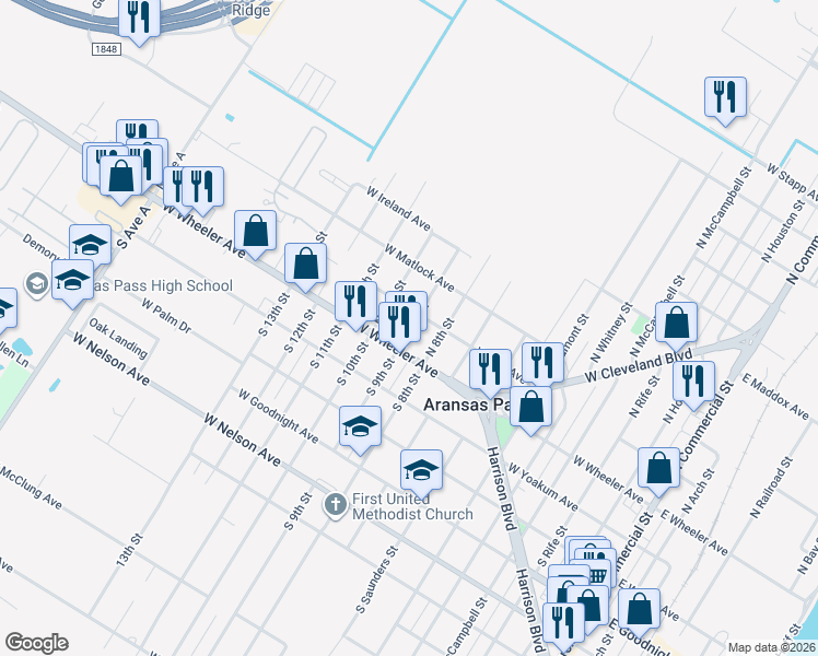 map of restaurants, bars, coffee shops, grocery stores, and more near 1002 West Wheeler Avenue in Aransas Pass
