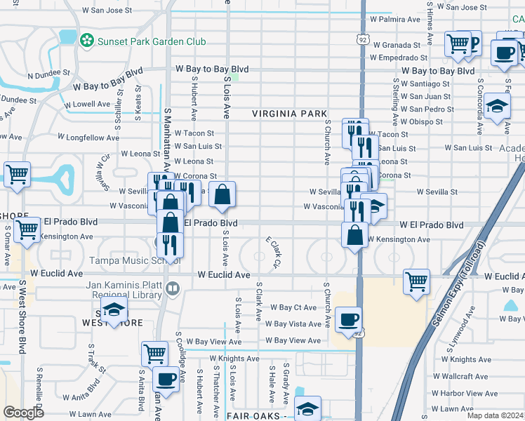 map of restaurants, bars, coffee shops, grocery stores, and more near 4024 West Vasconia Street in Tampa