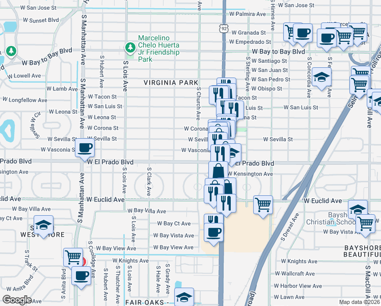 map of restaurants, bars, coffee shops, grocery stores, and more near 3907 West El Prado Boulevard in Tampa