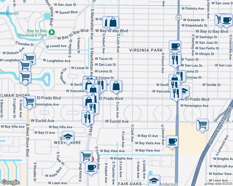 map of restaurants, bars, coffee shops, grocery stores, and more near 4221 West El Prado Boulevard in Tampa