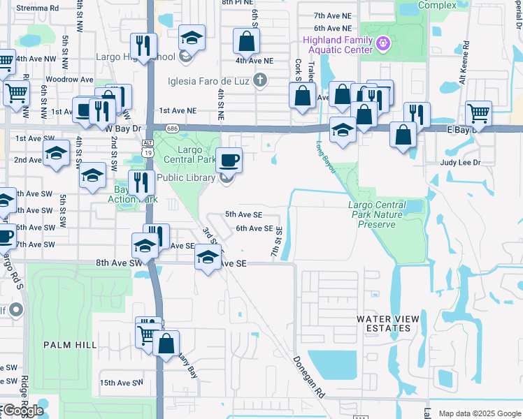 map of restaurants, bars, coffee shops, grocery stores, and more near 604 5th Avenue Southeast in Largo