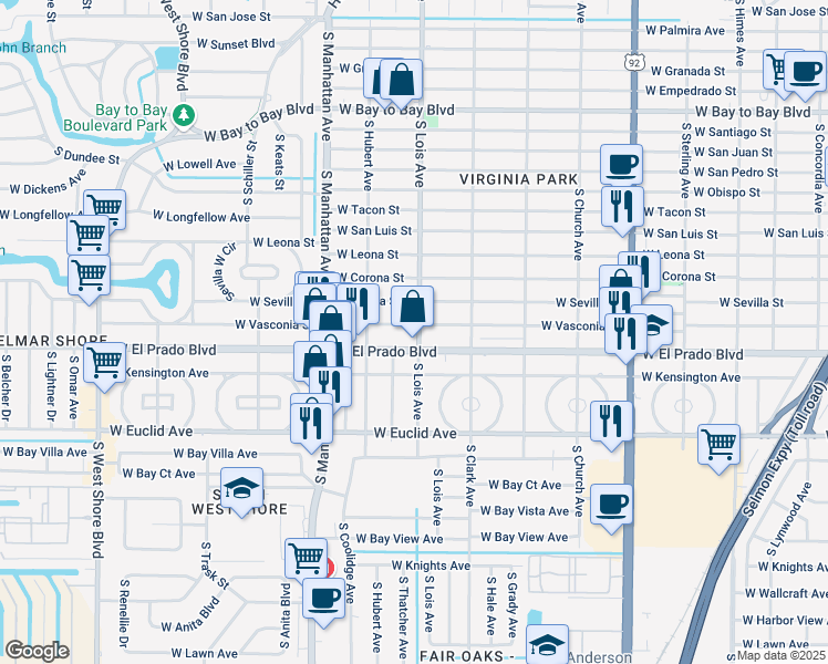 map of restaurants, bars, coffee shops, grocery stores, and more near 4221 West El Prado Boulevard in Tampa