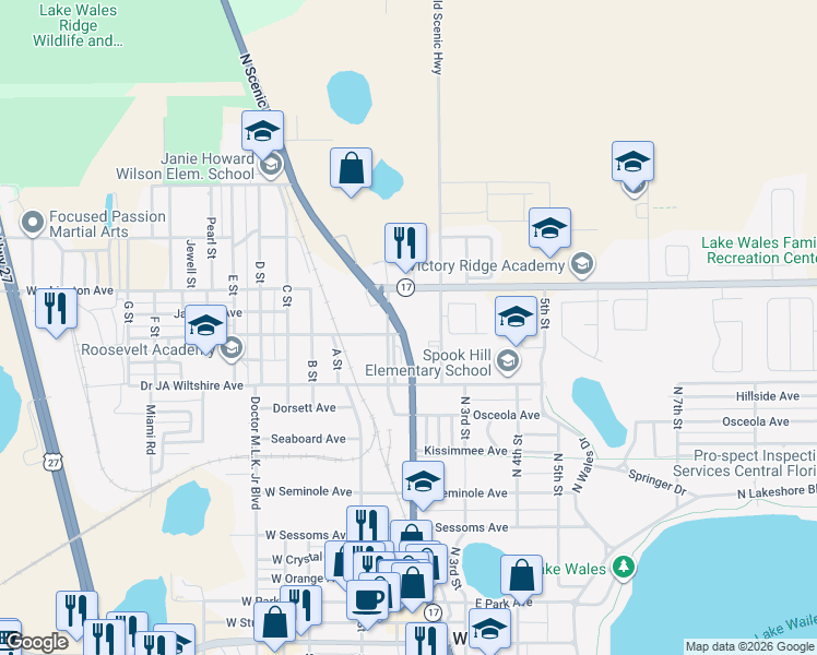 map of restaurants, bars, coffee shops, grocery stores, and more near 804 Florida 17 in Lake Wales