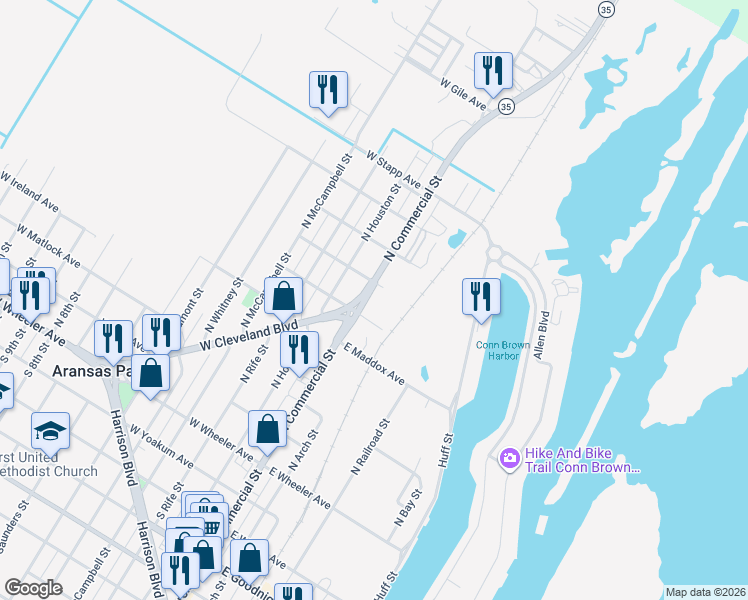 map of restaurants, bars, coffee shops, grocery stores, and more near 633 North Commercial Street in Aransas Pass