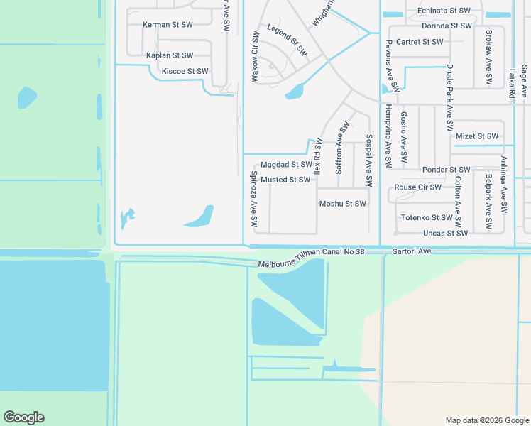 map of restaurants, bars, coffee shops, grocery stores, and more near 3353 Spinoza Avenue Southwest in Palm Bay
