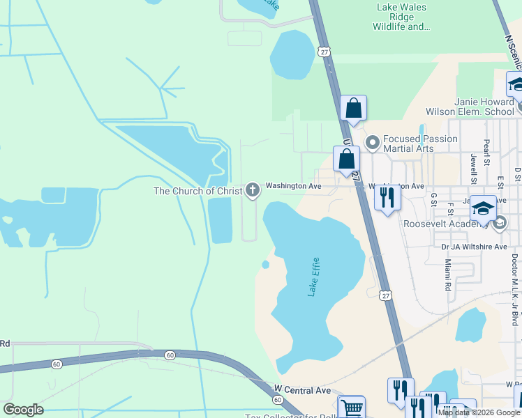 map of restaurants, bars, coffee shops, grocery stores, and more near 132 East Northside Drive in Lake Wales