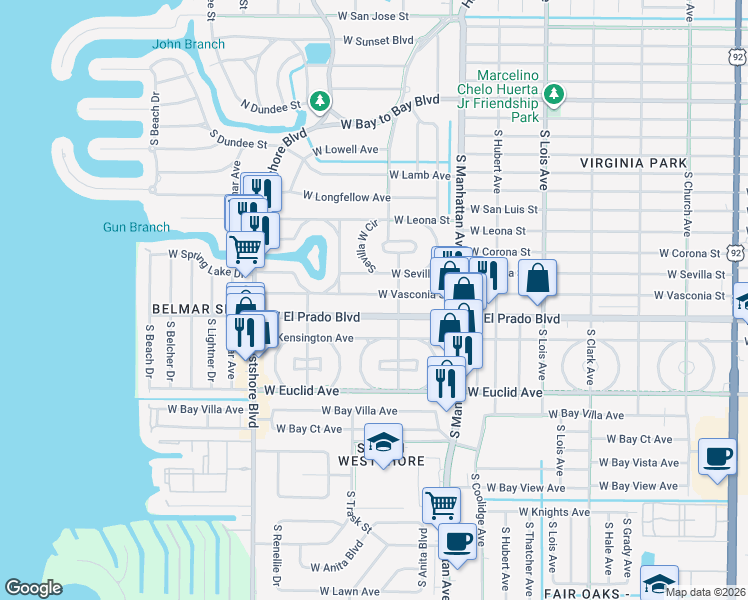 map of restaurants, bars, coffee shops, grocery stores, and more near 4605 West El Prado Boulevard in Tampa