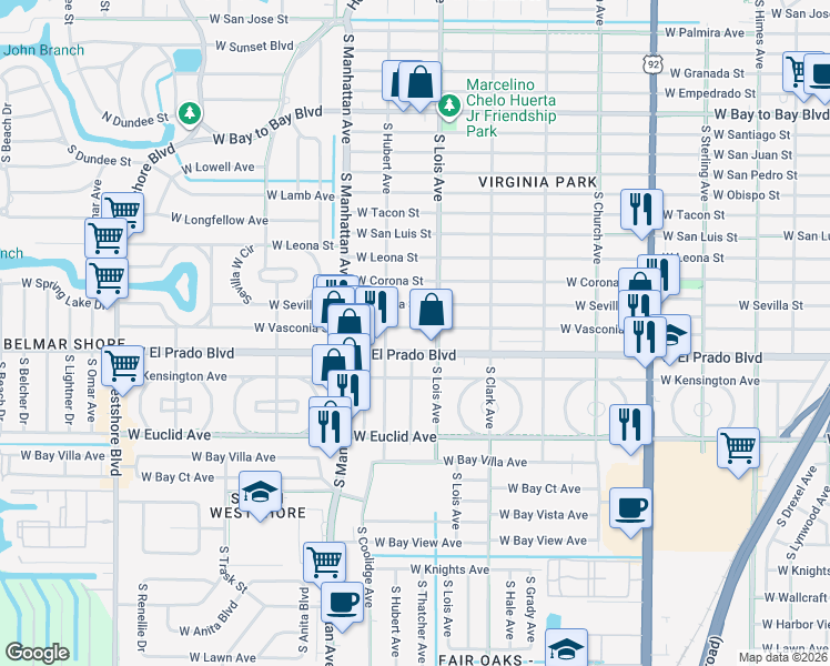map of restaurants, bars, coffee shops, grocery stores, and more near 4208 West Vasconia Street in Tampa