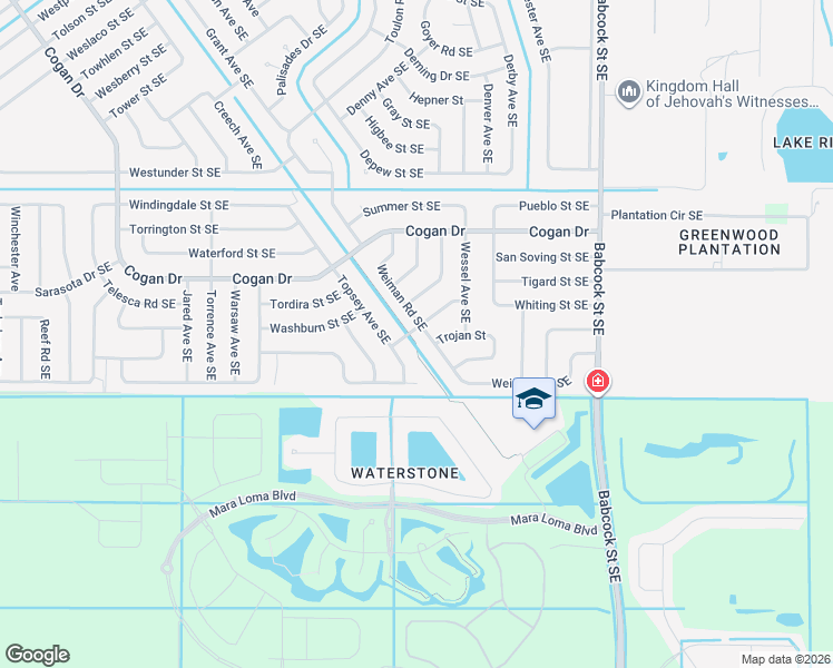 map of restaurants, bars, coffee shops, grocery stores, and more near 1450 Weiman Road Southeast in Palm Bay