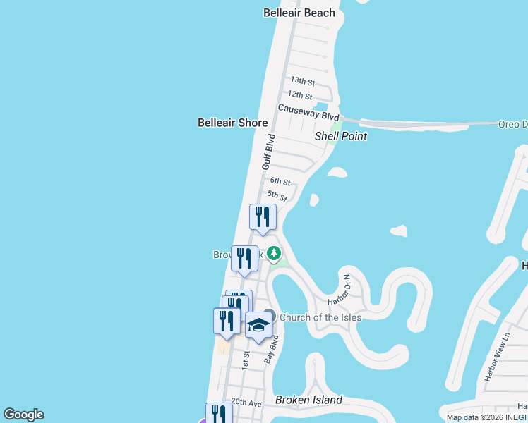 map of restaurants, bars, coffee shops, grocery stores, and more near 102 4th Street in Belleair Beach