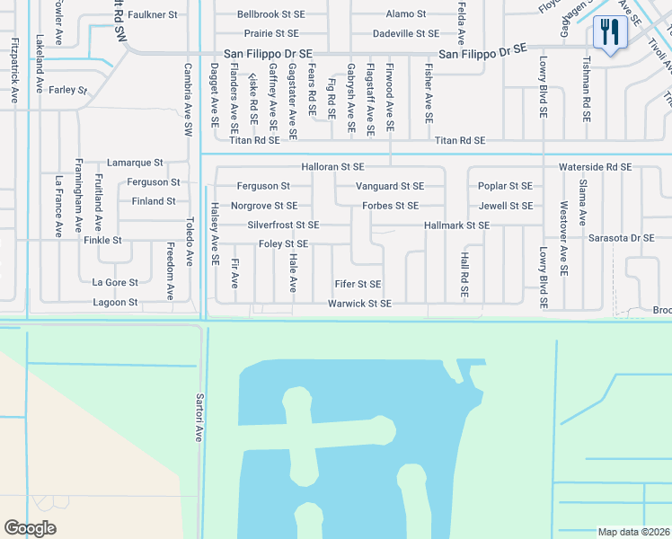 map of restaurants, bars, coffee shops, grocery stores, and more near 3251 Halden Avenue Southeast in Palm Bay