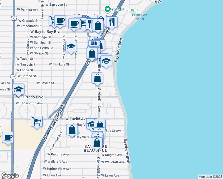 map of restaurants, bars, coffee shops, grocery stores, and more near 3421 South Carter Street in Tampa