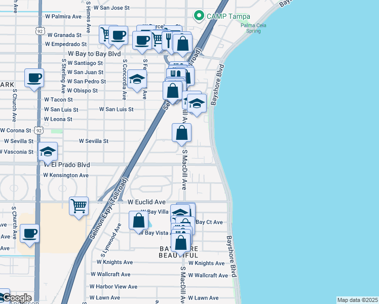 map of restaurants, bars, coffee shops, grocery stores, and more near 3104 Ekonomou Court in Tampa