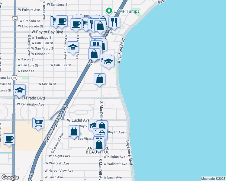 map of restaurants, bars, coffee shops, grocery stores, and more near 3401 Bayshore Boulevard in Tampa