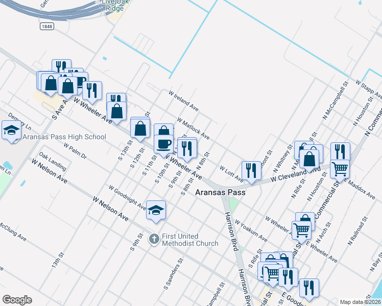 map of restaurants, bars, coffee shops, grocery stores, and more near 1002 West Wheeler Avenue in Aransas Pass