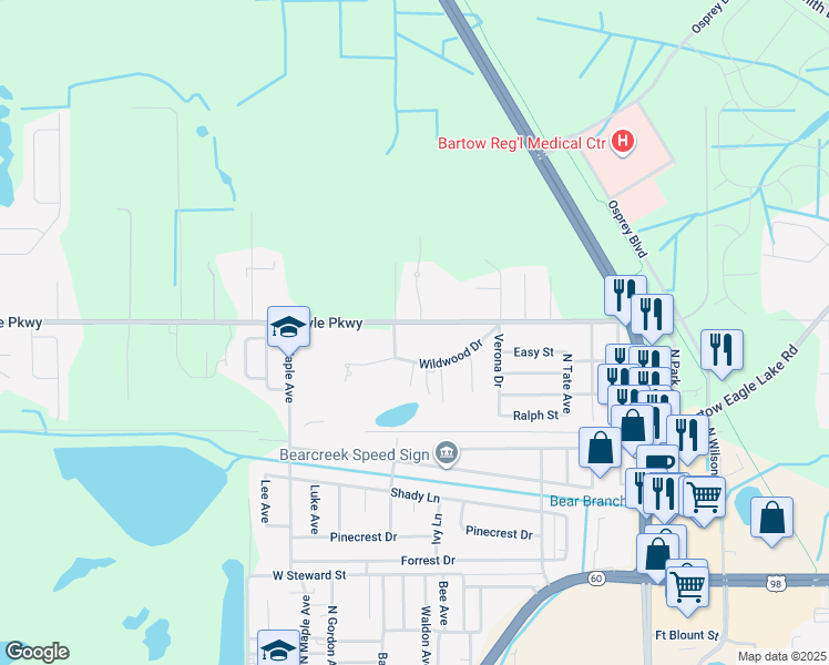 map of restaurants, bars, coffee shops, grocery stores, and more near 600 Wildwood Drive in Bartow