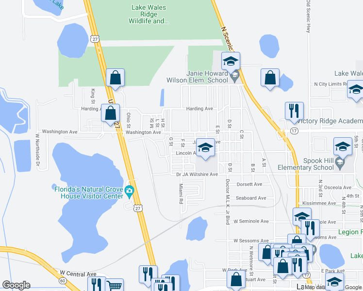 map of restaurants, bars, coffee shops, grocery stores, and more near 625 Jackson Avenue in Lake Wales