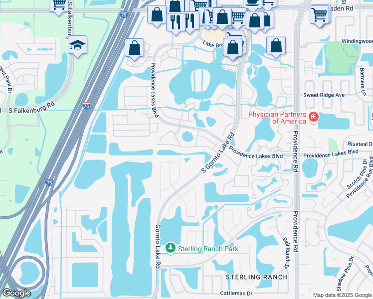 map of restaurants, bars, coffee shops, grocery stores, and more near 2504 Edgewater Falls Drive in Brandon