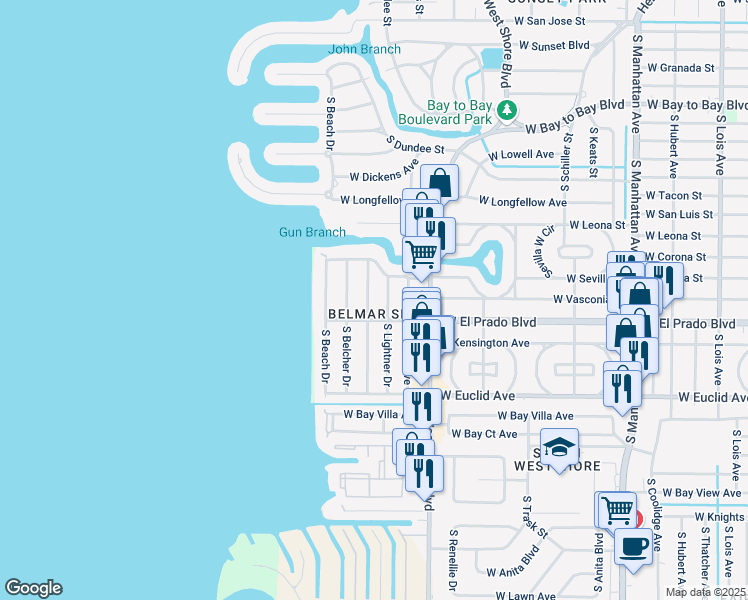 map of restaurants, bars, coffee shops, grocery stores, and more near 3416 South Lightner Drive in Tampa