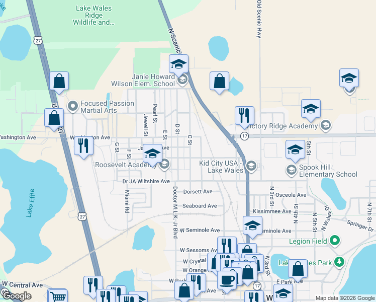 map of restaurants, bars, coffee shops, grocery stores, and more near 301 Lincoln Avenue in Lake Wales