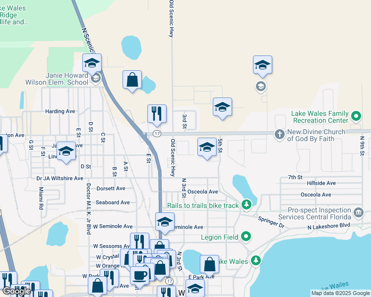 map of restaurants, bars, coffee shops, grocery stores, and more near 222 Sunrise Parkway in Lake Wales