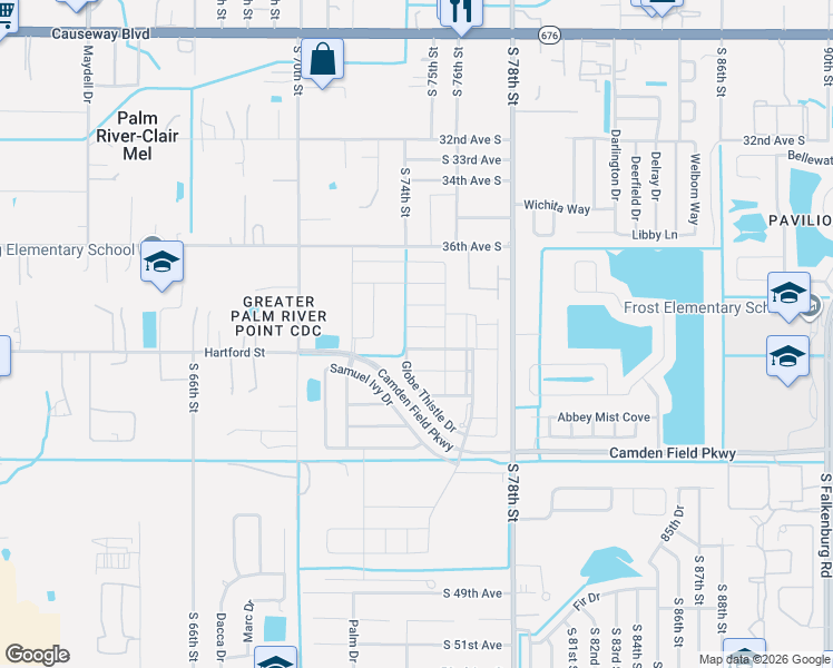map of restaurants, bars, coffee shops, grocery stores, and more near 7401 Evening Primrose Court in Tampa