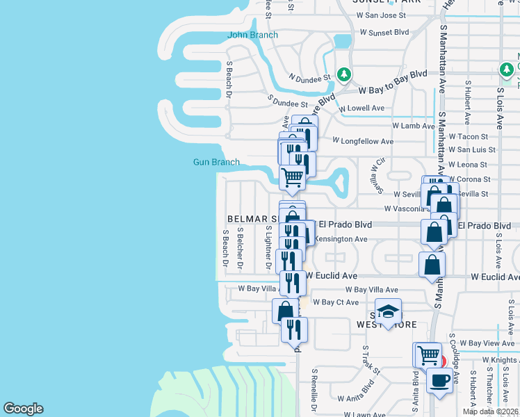 map of restaurants, bars, coffee shops, grocery stores, and more near 3416 South Lightner Drive in Tampa