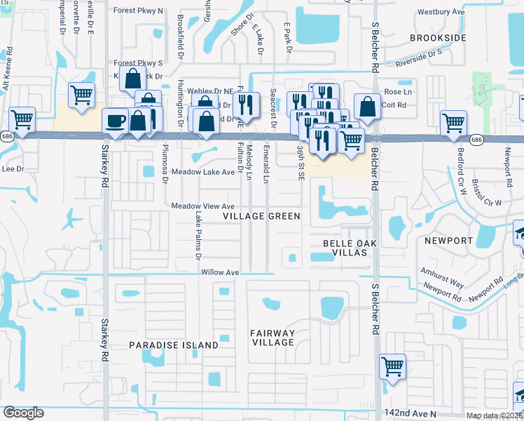 map of restaurants, bars, coffee shops, grocery stores, and more near 207 Melody Lane in Largo