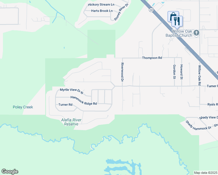 map of restaurants, bars, coffee shops, grocery stores, and more near 4944 Palm View Drive North in Mulberry