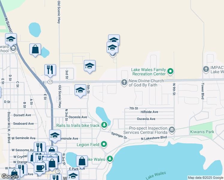 map of restaurants, bars, coffee shops, grocery stores, and more near 13101 6th Street in Lake Wales