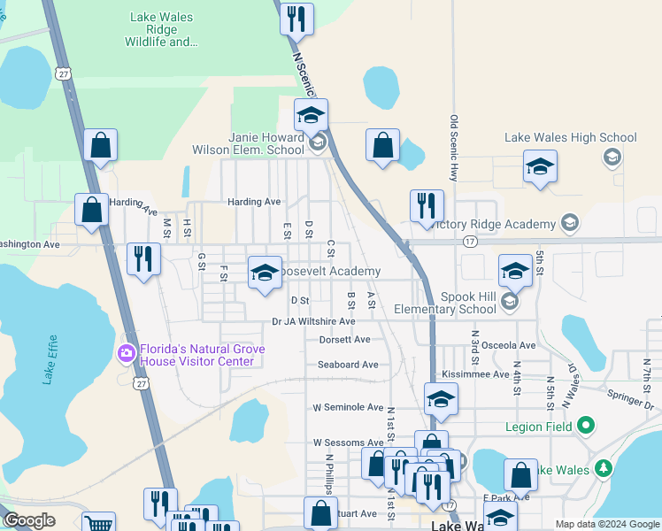 map of restaurants, bars, coffee shops, grocery stores, and more near 301 Lincoln Avenue in Lake Wales