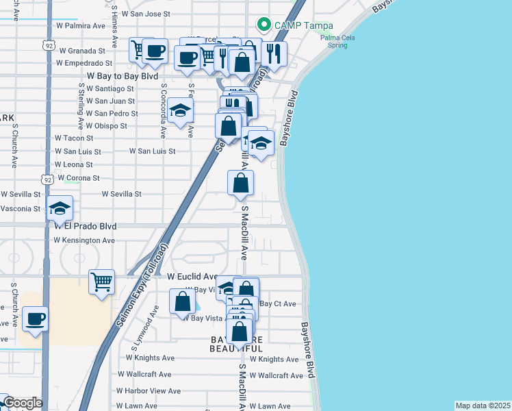 map of restaurants, bars, coffee shops, grocery stores, and more near 3421 South Carter Street in Tampa
