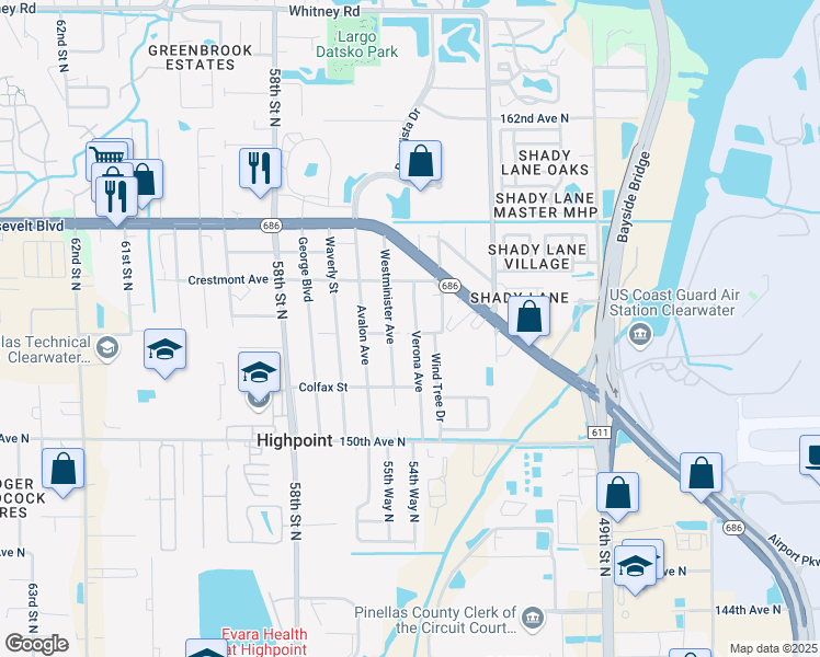 map of restaurants, bars, coffee shops, grocery stores, and more near 15364 Verona Avenue in Clearwater