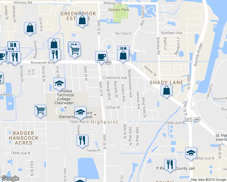 map of restaurants, bars, coffee shops, grocery stores, and more near 15354 Waverly Street in Clearwater