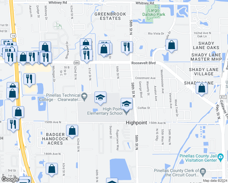map of restaurants, bars, coffee shops, grocery stores, and more near 15421 Morgan Street in Clearwater